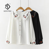 New Floral Embroidered Button Up Chiffon Blouse Long Sleeve Peter pan Collar Shirt Sweet Girls Loose Plus Size Top