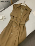 Trench Vests Coats 2 Piece Sets Women Casual Double Breasted Gabardina Sleeveless Jackets Turtleneck Winter Thicken