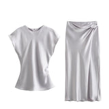 Spring Satin Texture Blouse 2451305 Knot Flute Skirt 2448305-Outfit