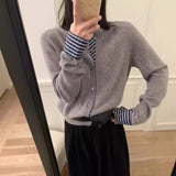 Fongt Patch Stitching Fake Two Cardigan Female 2024 New Single Breasted Thin Bottom Sweater Coat Female-Outfit
