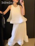 Loose Ruched Two Piece Set Womens Round Neck Sleeveless Tops High Waist Midi Skirts Female Sets Fashion Clothes