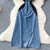 Fongt Elegant Denim Dress Woman 2025 Summer High-End Heavy Industry Diamond Embroidery Waist V-Neck Short-Sleeved Long Dress