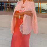 Fongt New Solid Color Stand Collar Fashion Sequins Design Popular Sweater Cardigan Women-Outfit