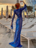 Through Maxi Dresses for Women 2023 V Neck Split Bodycon Mesh Dress Long Sleeve See Through Cover-Ups for Beach