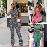 Fongt POLO Shirt With Striped Horn Pants Summer New Knitting Suit Woman