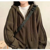 Fongt Version Of Chic Autumn And Winter New Simple Temperament Drawstring Hood Design Niche Striped Loose Long-Sleeved Sweater Jacket