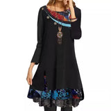 Fongt Dress Women's Print Loose Long Sleeved Round Collar