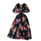 Fongt V-Neck Print Chiffon Dress Women's Waist Thin Temperament Lotus Leaf Side Short Sleeves To Close The First Love Fairy Dress
