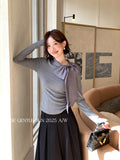 Fongt Xixi 2025 Autumn White Standard Korean Version Of Elegant Temperament Solid Color Tie With Thin Knitted Shirt Top Lady 89539