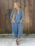Fongt Explosion. Women's Casual Cotton Set Long-Sleeved Round Collar Trousers Casual Set