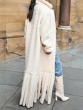 Women's Faux Fur Warm Coat Lapel Casual Loose Long Sleeve Hem Tassel Plush Overcoat 2023 Winter New Tide-Outfit