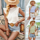 Fongt Summer Casual Wind Women's Wear Hot Selling Solid Color Round Collar Small Flying Sleeve Slim Top-Outfit