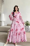 Fongt Dress Women 2025 New High-End Sense V-Neck Pearl Buckle Lantern Sleeves Wide Swing Print Long Skirt
