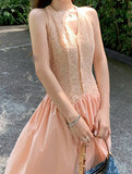 Fongt Island Pink Niche Gentle And Comfortable Thin Hanging Neck Dress Women Lace Splicing French Long Skirt