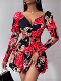 New Flower Printing Waist V Collar Bubble Sleeve Dress-Outfit