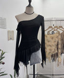 Fongt Tie-Dye-Print Oblique Shoulder Dress Repair Irregular Lotus Horn Long-Sleeved Mesh T-Shirt 9955
