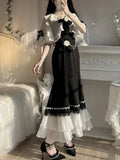 Sweet Two Piece Dress Suit Woman French Elegant Pretty Flower Kawaii Set Female Sexy Korean Fashion Lolita Dress Set