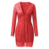 Fongt New Women's Ebay Dress Deep V Perspective Long Sleeve Short Dress Sprinkled Gold