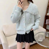 French Heavy Industry Nail Bead Doll Collar Sweater Coat Women's Autumn And Winter Senior Feeling To Knitted Cardigan Blouse-Outfit