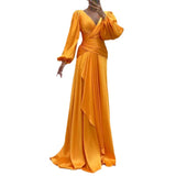 Fongt Summer New Cross Close Waist Fold Long Sleeve Temperament Show Thin Dress-Outfit
