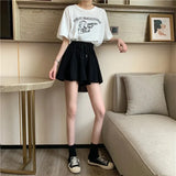 Summer Shorts Skirts Women Elastic High Waist Casual Wide Leg Shorts Korean A Line Mini Skirt Oversized Black Short Pants-Outfit