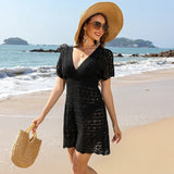 Fongt New Beach Dress Corrugated Hollow Dress Deep V Elastic Waist Hot Beach Burqa