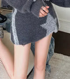 Vintage Women Knitted Set Zip Up Cropped Cardigan Autumn Star Sweater Jackets Hooded Knitted Skirts Casual Two Pieces Sets-Outfit