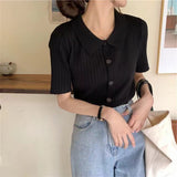 Fongt POLO Lapel Knit Cardigan Summer 2024 New Color Knit Short Sleeve Sweater Top-Outfit