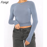 Women Slim Fit Basic Crop Tops Solid Color Long Sleeve Round Neck Cropped Tops Pullover Shirt Y2K