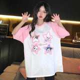 Pink Raglan Sleeves Cute Star Cat Print T Shirts Cartoon Kawaii Tee Summer Cotton O-neck Y2K Top Harajuku Loose