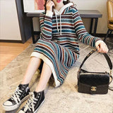 Folk Striped Knitted Dresses Female Clothing Casual Hooded Autumn Winter Commute Fashion Drawstring Straight Midi Dress-Outfit