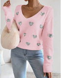 Fongt And Winter Valentine's Day Design Slid Love Embroidery V Collar Sweater Female Top