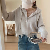Autumn And Winter New Simple Fringed Broken-Rimmed Hooded Sweater Loose Korean Version Short Zipper Sweater-Outfit