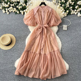 Fongt Lantern Sleeve Strap With Waist Single Buckle Dress + Inside The Sling Dress Suit