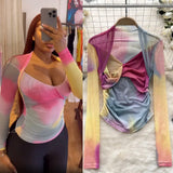 Fongt Girls Tie-Dye Mesh Jersey Long-Sleeved T-Shirt Girl Thin Perspective Temperament Fashion Folding Top