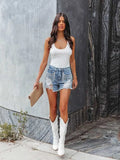 Fongt Women's Summer New Fashion Leisure Chain Tuxed Hole Denim Shorts 6004