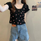 Fongt Bubble BM Broken Flower T-Shirt New Short Ins Lace Korean Version Sweet Renoval Sweet Sleeve