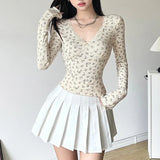 Flower Lace Lace V-Collar Long-Sleeved T-Shirt Female 2024 Spliced Small Bow Slim Bottomed Blouse-Outfit
