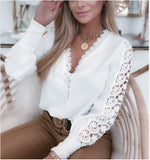 Wise Hot Style Autumn And Winter Long Sleeve V Neck Lace Splicing Shirt-Outfit