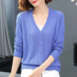 Fongt Summer Empty Hollow Coat Casual Long Sleeve Loose Knit Cardigan Women's V-Neck Thin Top-Outfit