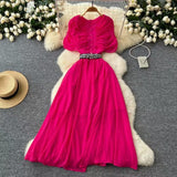 Fongt Fan Niche Design Pressure Folding Collar Button To Collect Waist Thin Temperament Medium Long Over Knee Chiffon Dress