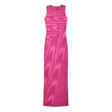 Fongt 2025 New Round-Neck Elastic Body Abstract Cuffless Knitted Long Dress Women Tight-Up