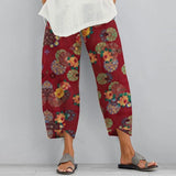 Vintage Floral Printed Pants Summer Women Cotton Linen Trousers Harem Pants Elastic Waist Loose Pantalon