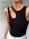 TWOTWINSTYLE Cut Out Skinny T Shirt For Women Round Neck Sleeveless Solid Slim Minimalist T Shirts Female Clothes Style New