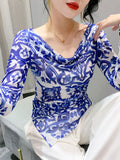 Autumn Mesh T-shirt Women Full Sleeve Irregular Hem Elegant High Stretch Slim Top-Outfit