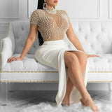 Fongt Fluoroticle Stud Beads Short-Sleeved Women's Evening Dress Dress Dress Dress Direct