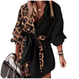 Fongt Women's Wear Commuter Print Color Stitching Leopard Print Lace Middle Sleeve Shirt