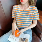 Fongt Summer New Round Collar Short-Sleeved Women's T-Shirt Embroidery Fashion Korean Version Loose And Versatile Age Reduction Stripes On Clothes
