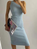 Slanting Shoulder Solid Color Knitted Dress Ins Xia Xian Slim Body Including Hip Middle Skirt Sleeveless Summer-Outfit