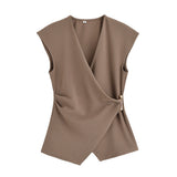 Fongt New Women's Pin Texture Sleeveless Vest Shirt Casual Trousers Two-Set